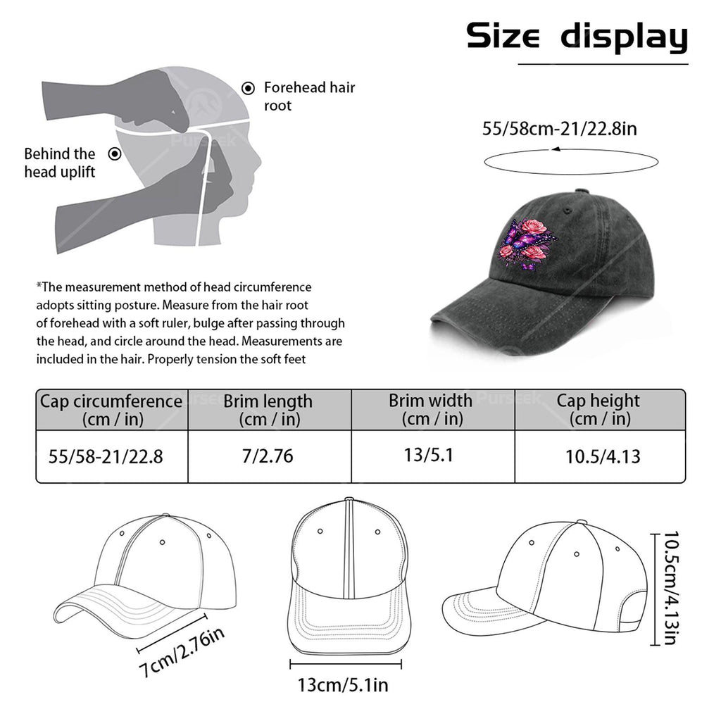 Men' & Women' Classic Baseball Cap with Butterfly & Purple Rose Print - Adjustable Pull-String Closure, Machine Washable Sporty Hat Suitable for Butterfly Enthusiasts, Casual Wear, Outdoor Activities, Gift
