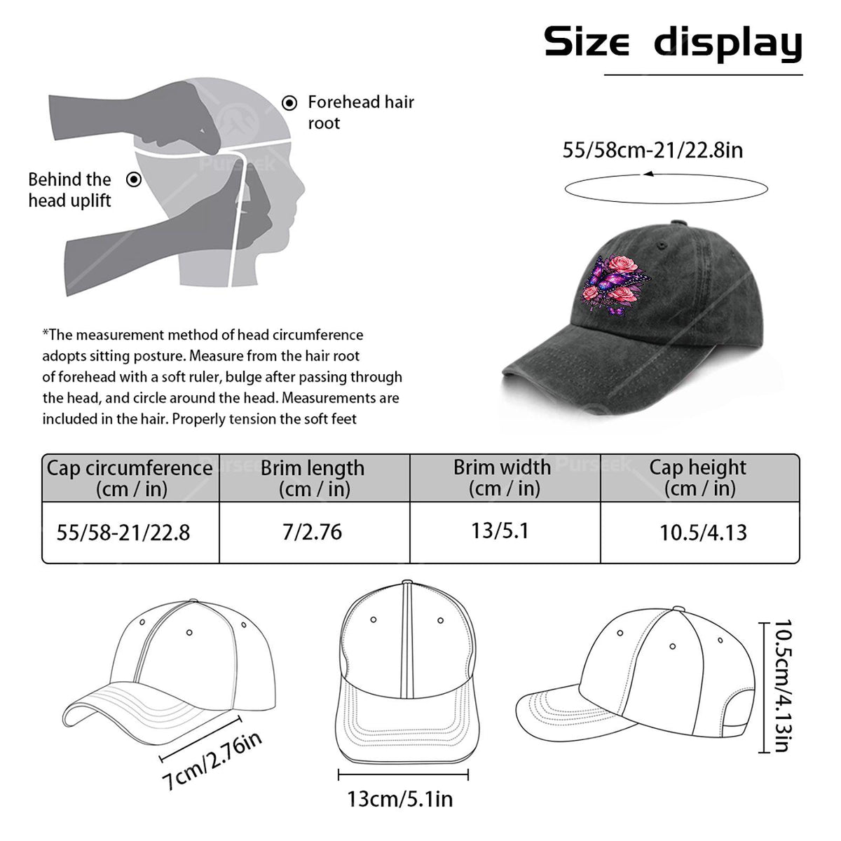 Men' & Women' Classic Baseball Cap with Butterfly & Purple Rose Print - Adjustable Pull-String Closure, Machine Washable Sporty Hat Suitable for Butterfly Enthusiasts, Casual Wear, Outdoor Activities, Gift