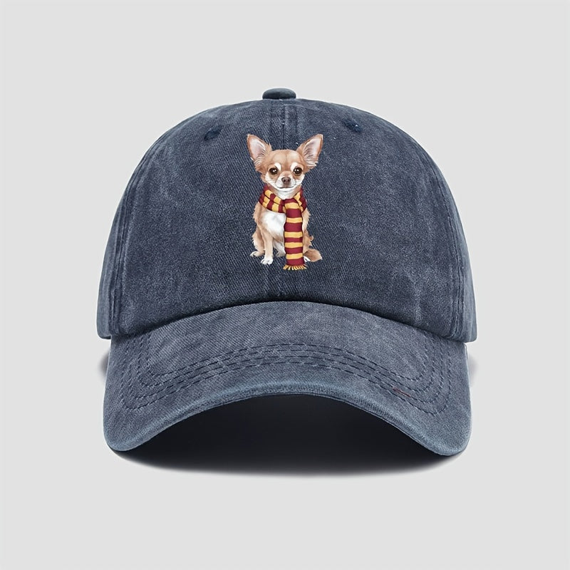 Cute Chihuahua & Scarf Print Vintage Washed Baseball Cap - Adjustable Snapback, Lightweight All-Season Outdoor Casual Hat, for New Year Celebrations, Accessory, Soft Texture, Seasonal Accessory, Playful Design, Hand Washable, Fashion Accessory