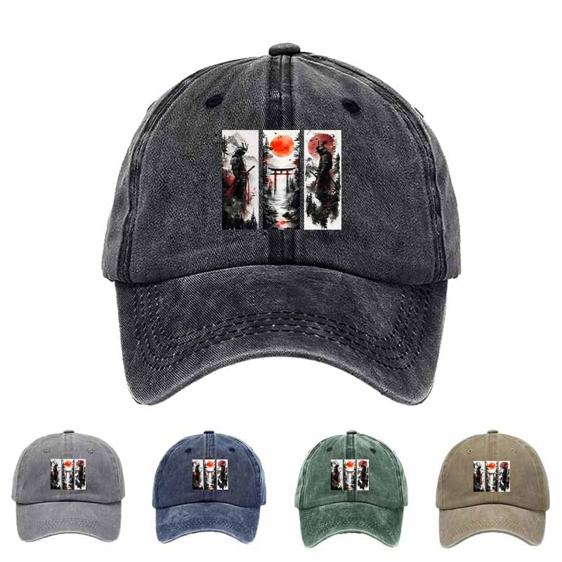 A Vintage-Style Baseball Cap Featuring an Ink Wash Samurai Design, Perfect for Outdoor Adventures And an Ideal Gift for Dad