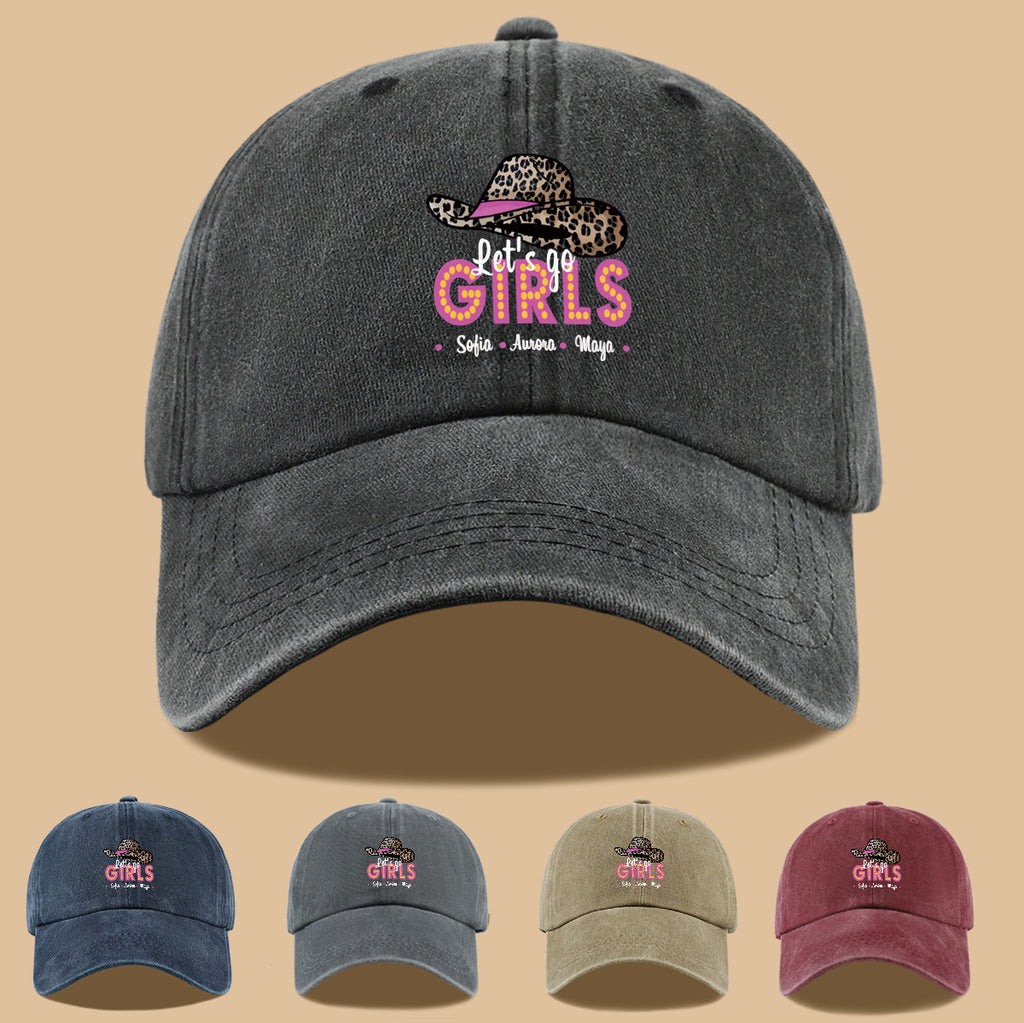 1pc Leopard Print Wide Brim Baseball Cap, Pink Brim with "Let'S Go GIRLS" Neon Style Letters, Adorned with Sofia, Aurora, Maya Names. Fashionable And Individual Sun Hat, Adjustable Size. Bestie Outing Hat, Sister Gathering Hat