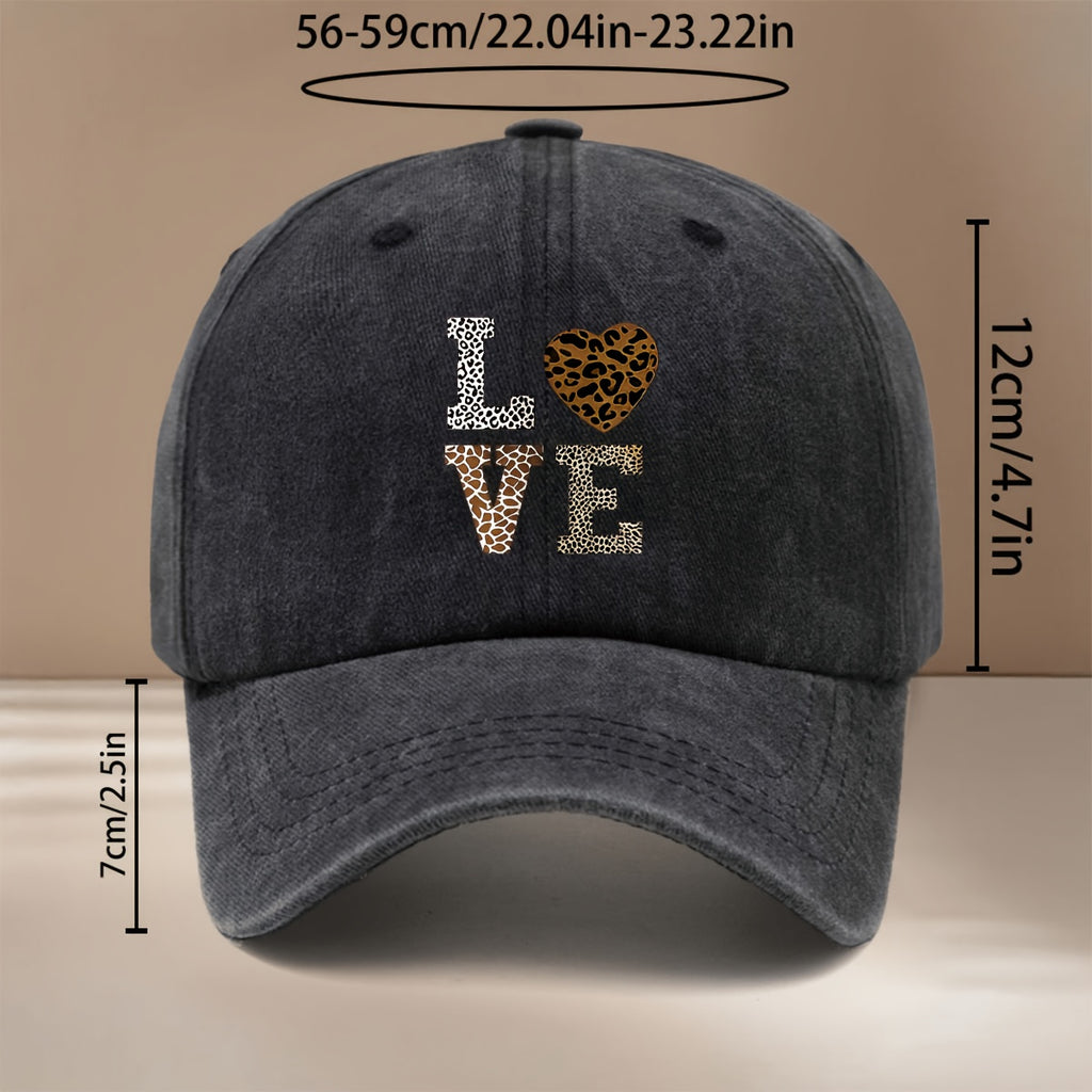 This Is a Leopard Print LOVE Pattern Baseball Cap, Fashionable And Comfortable Adjustable Size Duckbill Hat, Unisex Individual Easy Curved Brim Cap for Outdoor Sports, Dining, Camping, And Casual Wear