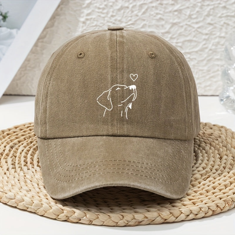 Women's Vintage Washed White Baseball Cap with Black Labrador Print- Soft and Lightweight All-Season Non-Elastic Cap, Wide Brim Design, Suitable for Leisure and Dog Walking, Hand Washable Pet Lover Accessory, Women's Hat, Women's Hat, Women's Hat, W