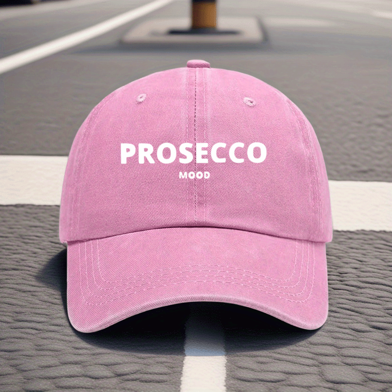 Adjustable Vintage Washed Baseball Cap with Prosecco Mood Print | Breathable Dad Hat for Men & Women, Casual Vacation Headwear, Comfortable Fit Cap | Polyester, Woven, Hand Wash Care