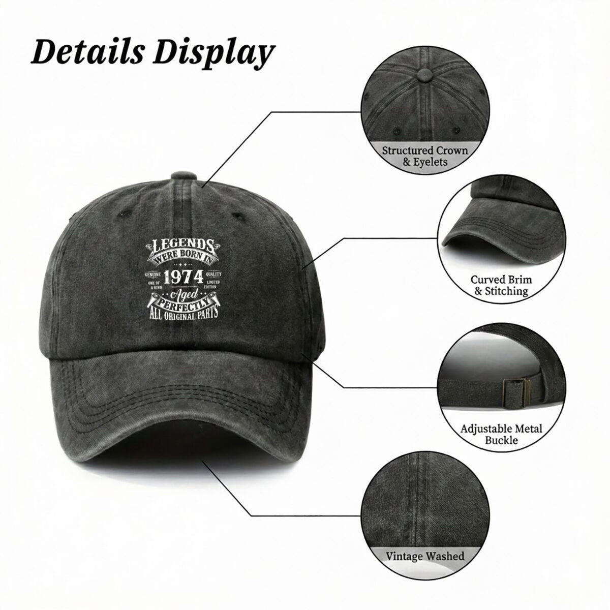 1974 S Mark Vintage Washed Distressed Baseball Cap - Adjustable Retro Unisex Golf & Outdoor Hat, Lightweight Breathable Suitable for Golf, Casual Wear, Machine Washable with Iconic 1974