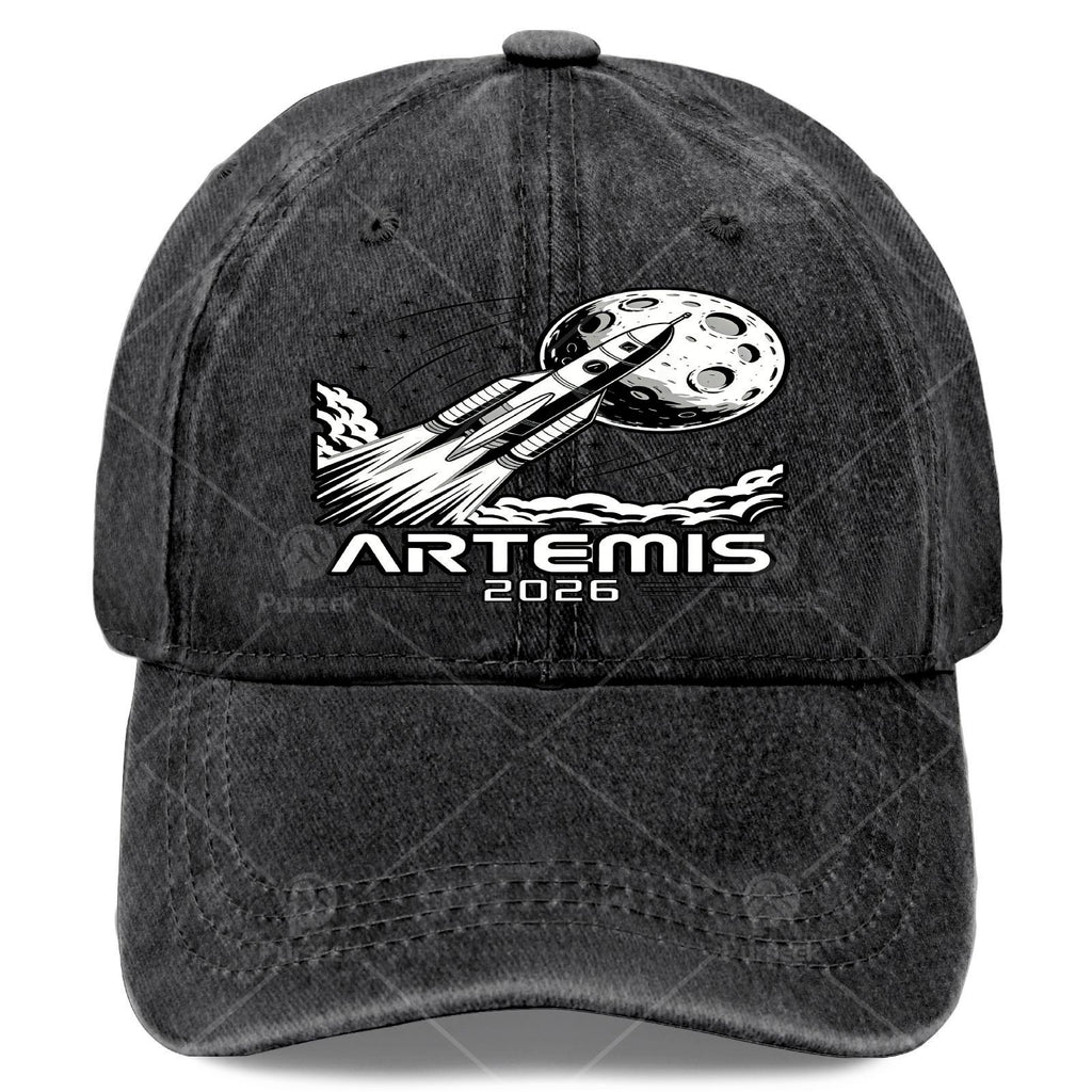 Artemis Launch to The Moon Retro Washed Distressed Baseball Cap - Unisex Full-Body Print with Artemis & Space, Lightweight Round Top Suitable for Christmas, 4th of, Events, Casual Wear, Hand Washable Vintage Hat