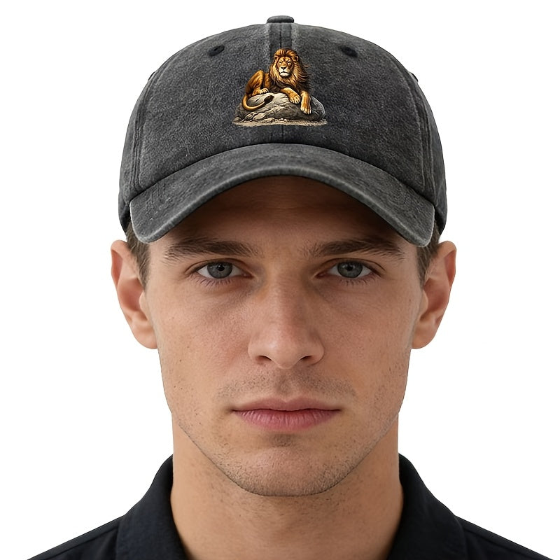 A Unisex Fashion Versatile Printed Lion Baseball Cap, a Classic Vintage Washed Outdoor Lightweight Curved-brim Hat, a Trucker Baseball Cap, Suitable for Casual Occasions Such as Outdoor Vacations, Travel, and Camping, a Holiday Party Hip-hop Hat