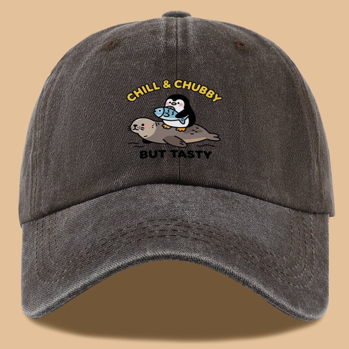 1pc 1pcs "CHILL & CHUBBY BUT TASTY" Penguin Hugging Fish on Seal Print Baseball Cap - Cute Duckbill Cap Suitable for Daily Outfits, Beach Vacations, Student Style, Adjustable Unisex Hat for &, Creative, Park Picnics