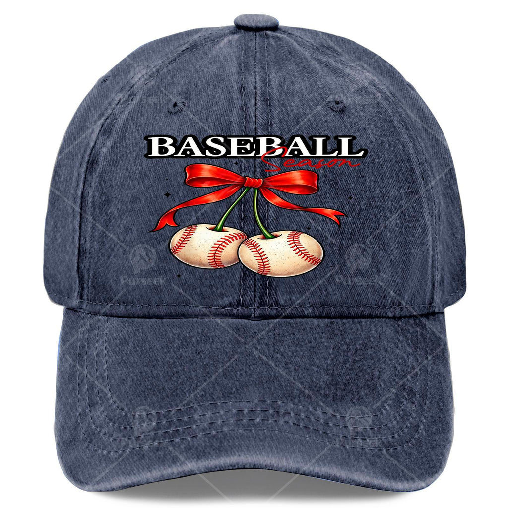 Unisex Vintage Washed Baseball Cap with Cherry Bow, Suitable for Baseball Season