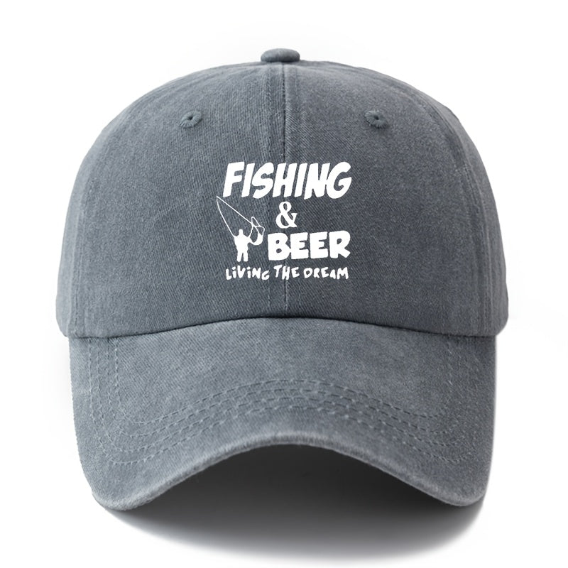 A Unisex Fashionable and Versatile Printed "FISHING&BEER" Baseball Cap, Featuring a Classic Vintage Washed Outdoor Lightweight Curved Brim Design. Suitable for Outdoor Vacations, Travel, Camping, and Other Casual Occasions. Ideal for Holiday Parties