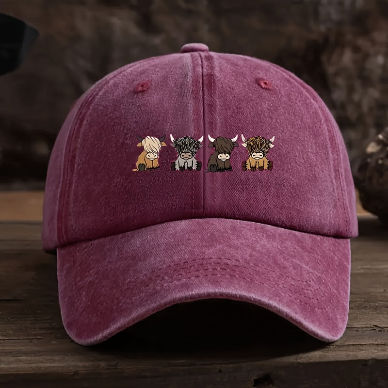 Olive Green Adjustable Snapback Baseball Cap Featuring a Vintage Highland Cow - Perfect for Casual Outdoor Sports for Men