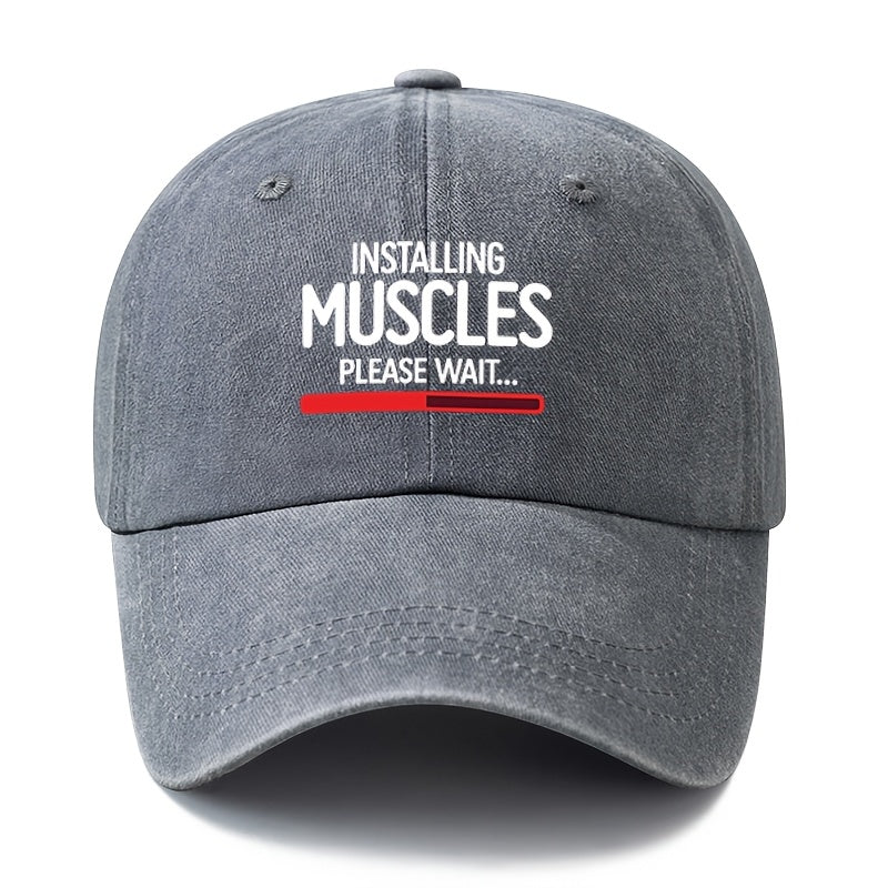 A Unisex Fashionable and Versatile Printed "MUSCLES" Baseball Cap, Featuring a Classic Vintage Washed Outdoor Lightweight Curved Brim. This Trucker Baseball Cap Is Suitable for Casual Occasions Such as Outdoor Vacations, Travel, and Camping. It Also