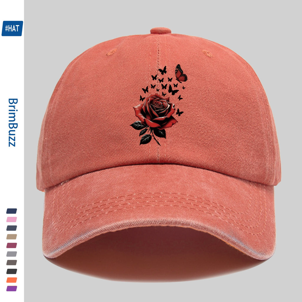 1pc Adjustable Trucker Sun Hat, Unisex, Vintage Washed Baseball Cap with Rose And Butterfly Print, Lightweight Outdoor Hat Suitable for Beach, Travel, Cycling, Party Gifts, Non-Elastic Strap Hat Suitable for Daily Casual Wear (Hand Washable)