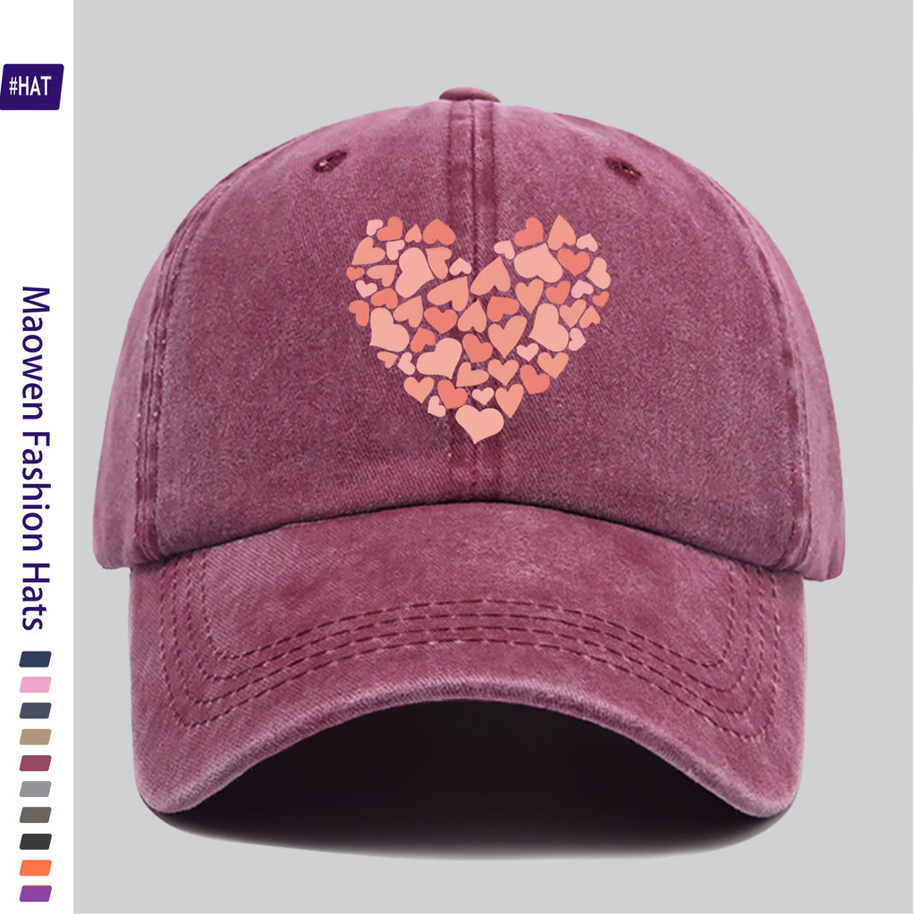 Summer Unisex Adjustable Baseball Cap, Washed Distressed Design, Large Heart Print with Small Heart Details, Washed Vintage Cap, Street Skateboard Cap, Retro Dad Hat, Durable, Comfortable, Breathable Trucker Cap