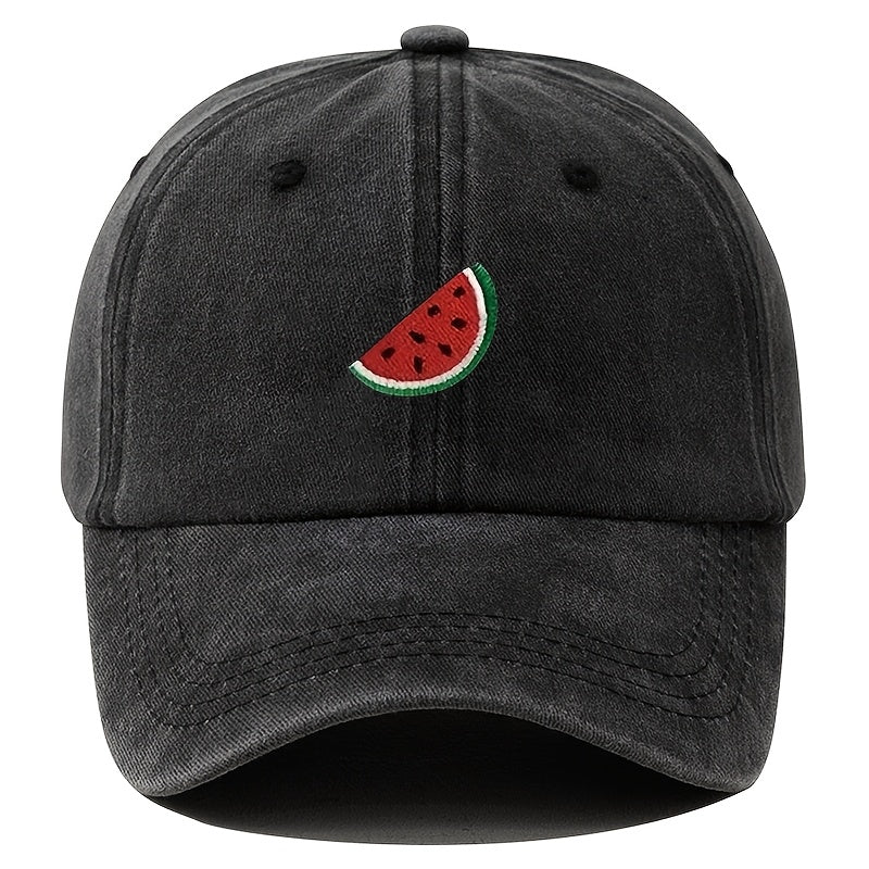 An Embroidered Baseball Cap with Curved Brim, Hip-hop Style, Fruit Embroidery, Vintage Washed, Unisex Outdoor Travel and Hiking Cap, Fishing Hat
