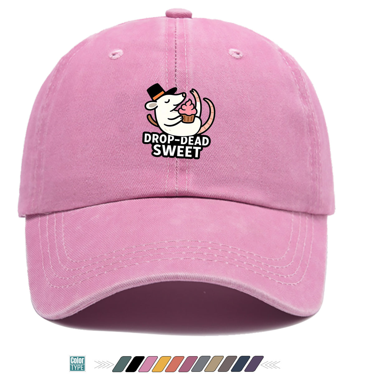 1pc 1pcs "DROP-DEAD SWEET" Mouse Top Hat & Cupcake Print Cap - Adjustable Unisex Baseball Hat Suitable for Parties, Travel, Daily Wear - Cute, Themed Outfits, Street Style for Men & Women (Powder Cream Cupcake)
