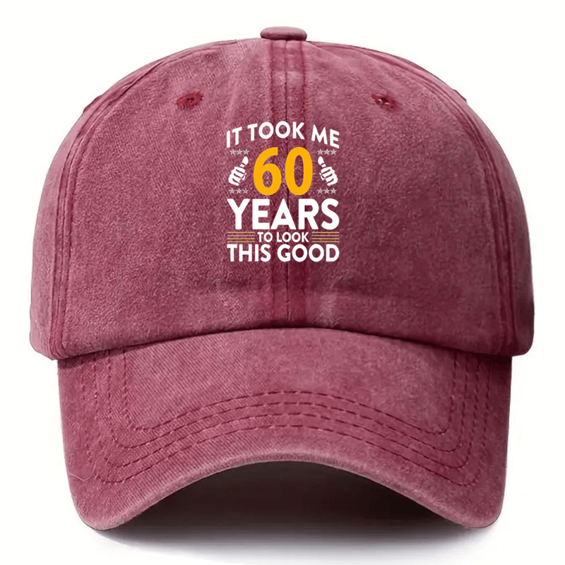 Vintage Distressed Baseball Cap Compatible for Golf & Outdoor - 'It Takes Me 60 Years to Look This Good' Print, Adjustable Unisex Hat with Breathable Black Fabric & Yellow/White Lettering, Funny Aged Look for Seniors & Casual Wearers