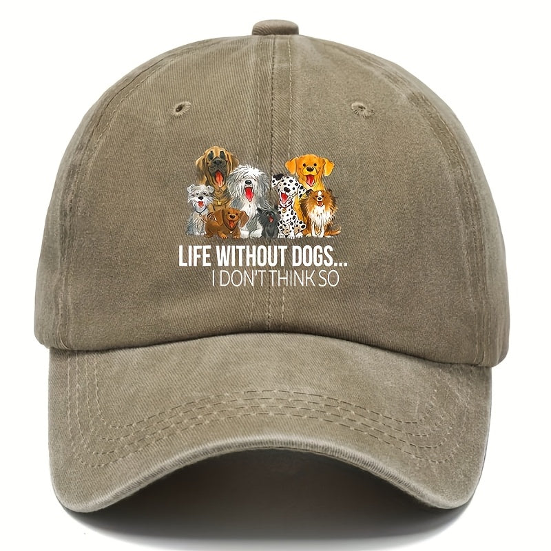 A Vintage Frayed Baseball Cap With Dog Print 100_ Cotton Adjustable Cap, Unisex Woven Fabric Dad Hat, "Life Without Dogs" Slogan