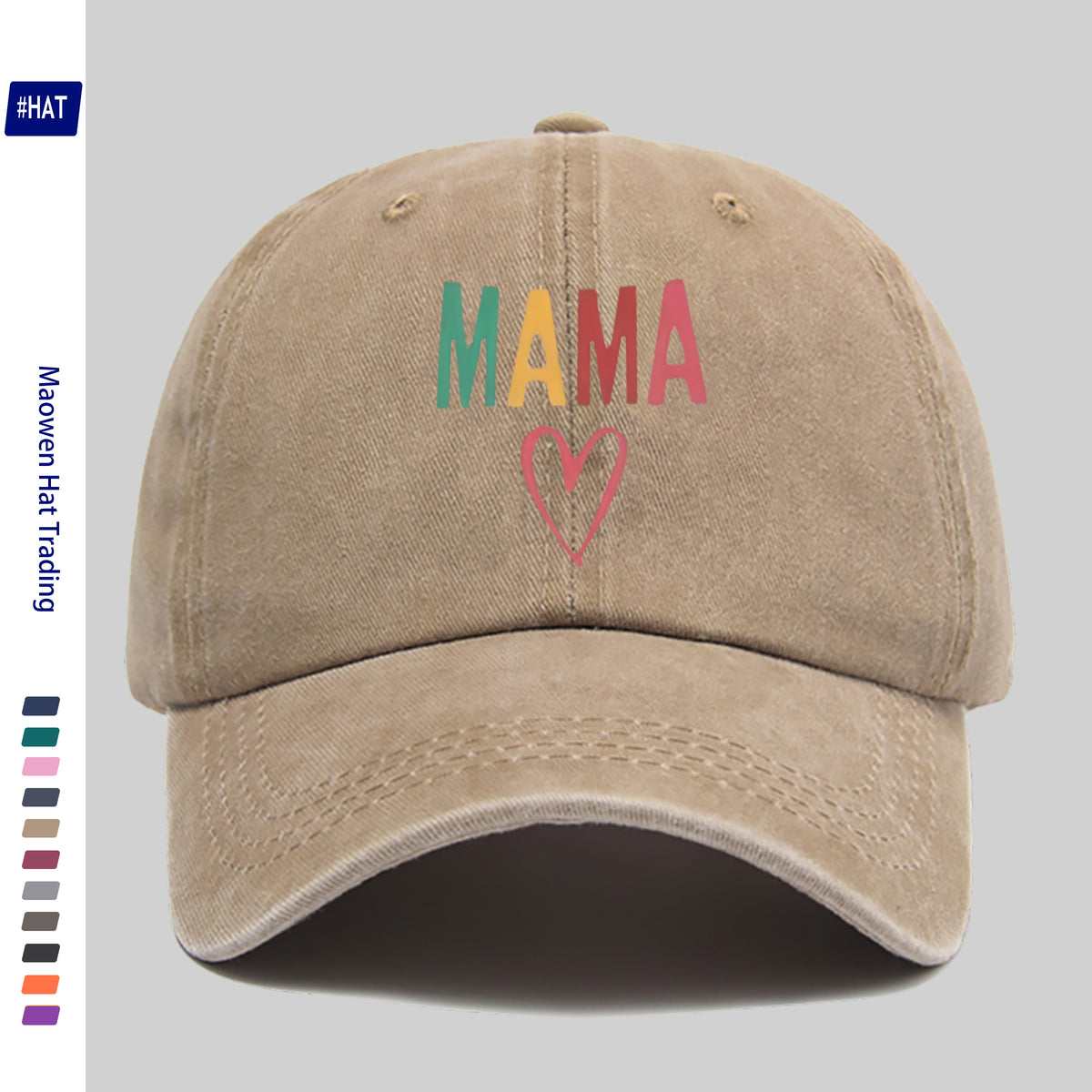 1 Vintage Washed Distressed Baseball Cap, Featuring a Fashionable and Minimalist Aesthetic, Unisex Cap with Multi-color MAMA Heart-shaped Print Design, Adjustable Size, Trendy Street Style, Trucker Dad Hat, Suitable for Outdoor Fishing, Hunting, And