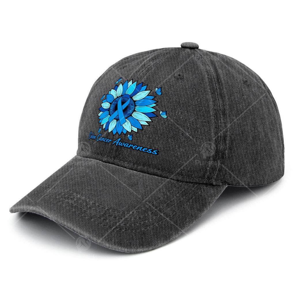 Cool Unisex Baseball Cap with a Blue Ribbon and Sunflower, Used for Colon Cancer Month Promotion