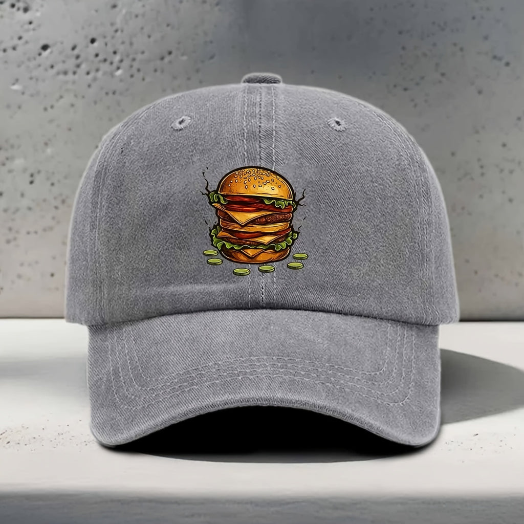 Men's & Women's Baseball Cap with Burger Print - Adjustable Snapback Curved Brim Hat, Washed Suitable for Daily Outings, Casual Wear,, Hip-Hop Style - Unisex Washed Cap for All Head Sizes, Comfortable for Hamburger