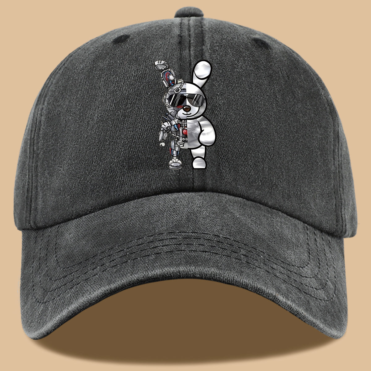 1pc Trendy Creative Cyberpunk Style Mechanical Rabbit Pattern Printed Baseball Cap, Lightweight Comfortable Breathable Sun Hat, Fashionable Easy Aesthetic Men And Women'S Cap, Adjustable Size, Trucker Dad Hat, Mom'S Beach Vacation Hat