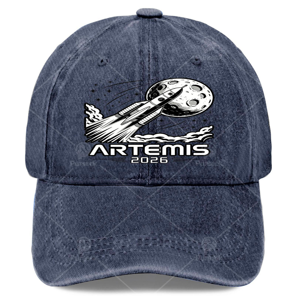 Artemis Launch to The Moon Retro Washed Distressed Baseball Cap - Unisex Full-Body Print with Artemis & Space, Lightweight Round Top Suitable for Christmas, 4th of, Events, Casual Wear, Hand Washable Vintage Hat