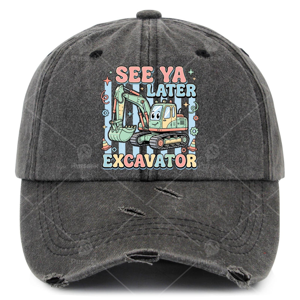 Seess Yassss Laters Excavator Truck Driver Cap - Vintage Washed Baseball Hat with Excavator Print, Machine Washable Unisex for Men & Women, Suitable for, Outdoor Activities, Retro Style