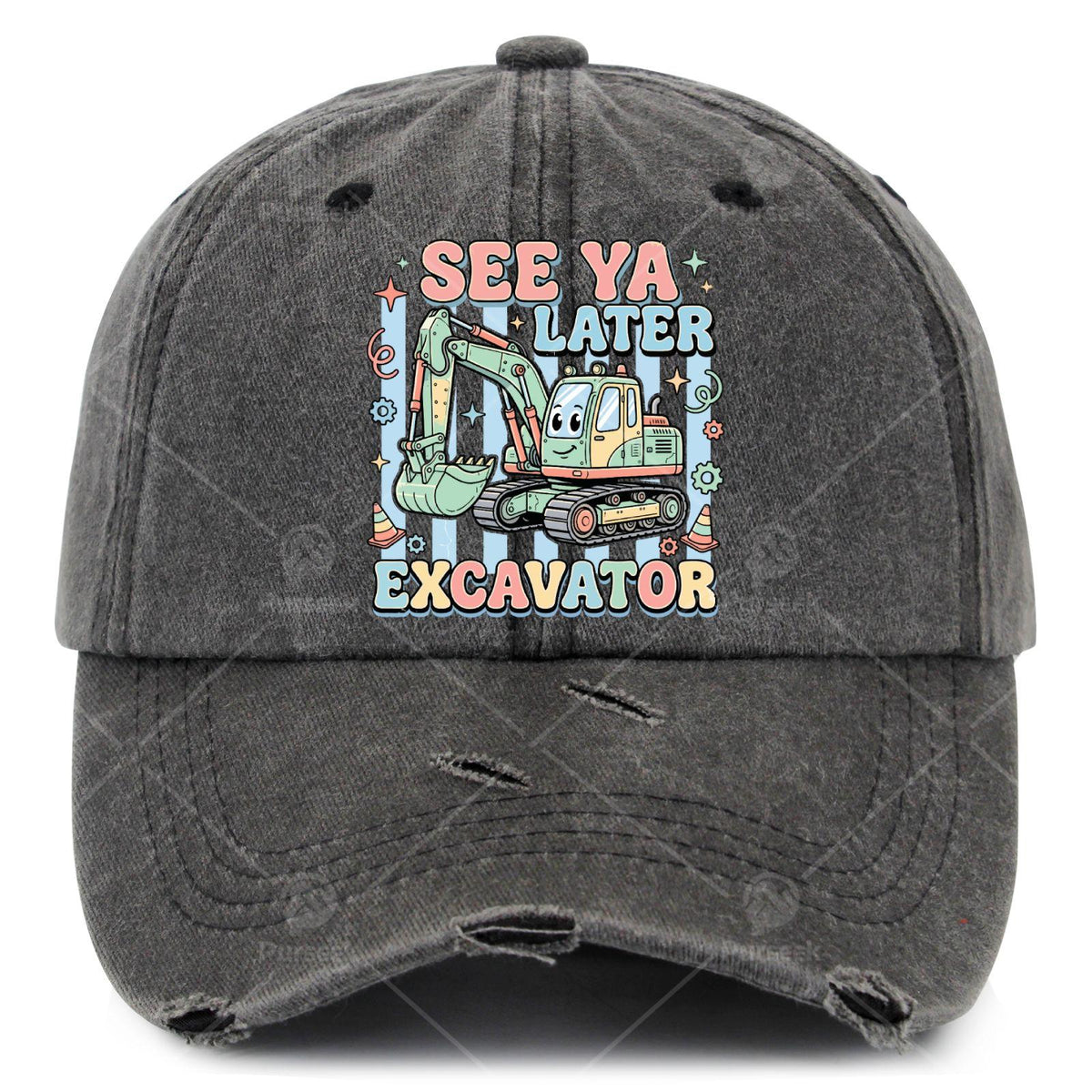 Seess Yassss Laters Excavator Truck Driver Cap - Vintage Washed Baseball Hat with Excavator Print, Machine Washable Unisex for Men & Women, Suitable for, Outdoor Activities, Retro Style