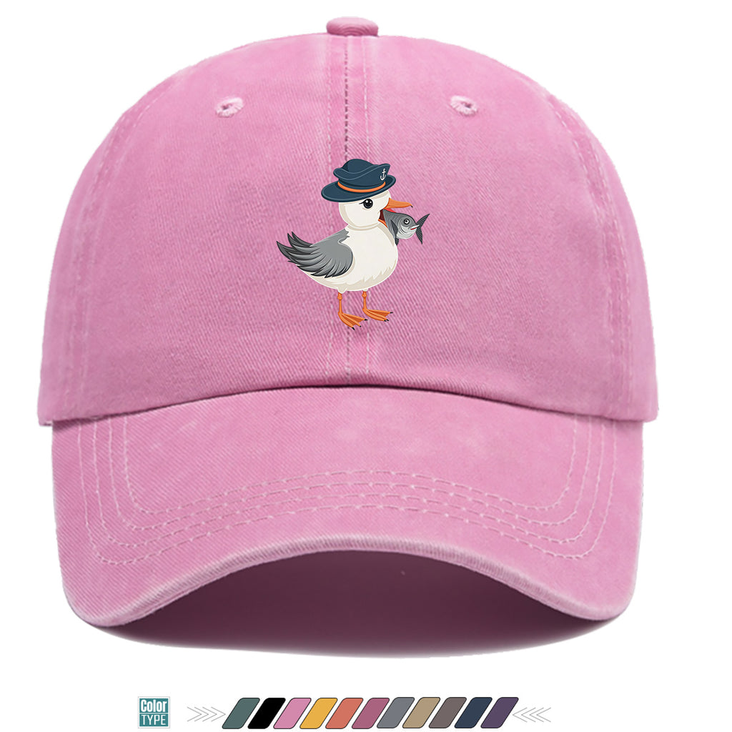 1pc Cartoon Seagull Wearing a Navy Hat with an Anchor Pattern, Holding a Fish in Its Mouth, with a Colorful Geometric Striped Background. Fun Animal Print Baseball Cap, Comfortable And Breathable Sun Hat, Stylish, Individual, And Beautiful
