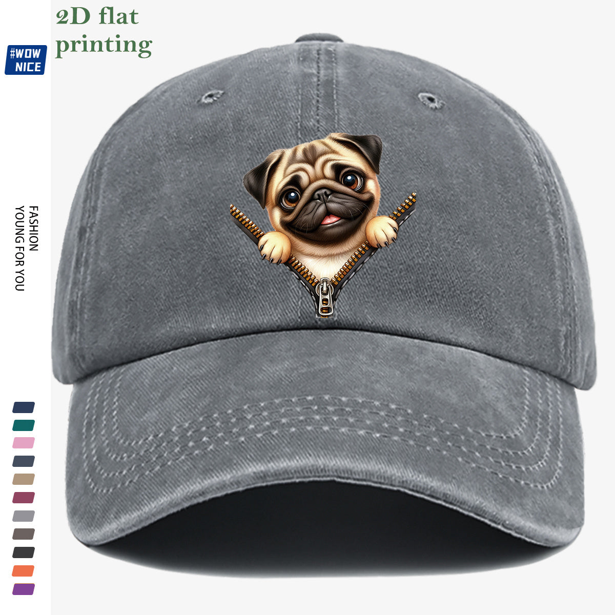 1pc Pug Zipper Print Baseball Cap, Cute Animal Pattern Headwear, Fashionable and Versatile Hat Accessory, Unisex Street Style Hat with Adjustable Size, Slimming and Face-Shaping, Suitable for Daily Outings, Parties, Dates, Shopping, Outings