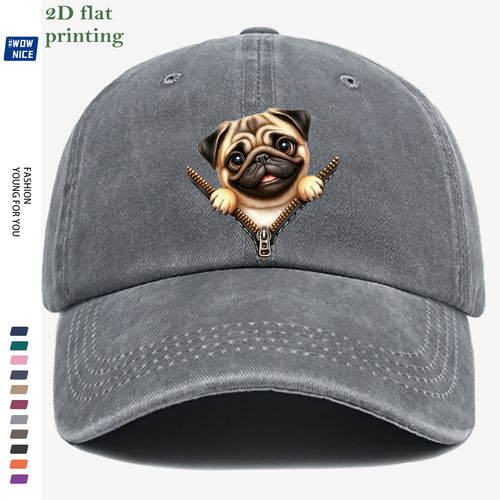 1pc Pug Zipper Print Baseball Cap, Cute Animal Pattern Headwear, Fashionable and Versatile Hat Accessory, Unisex Street Style Hat with Adjustable Size, Slimming and Face-Shaping, Suitable for Daily Outings, Parties, Dates, Shopping, Outings