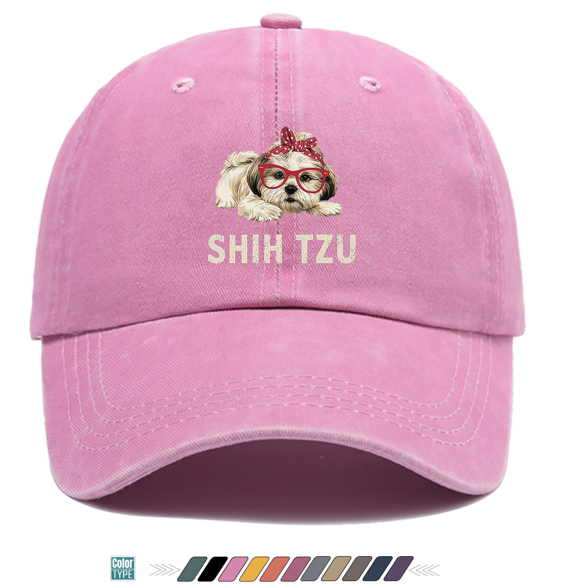 1pc Fashion Cartoon Shih Tzu Print Baseball Cap Comfortable Breathable Duck Tongue Hat Cute Pet Dog Pattern Red And White Polka Dot Bow + Red Frame Glasses Design Unisex Sun Hat Adjustable Size Suitable for Daily Travel, Shopping, Dating
