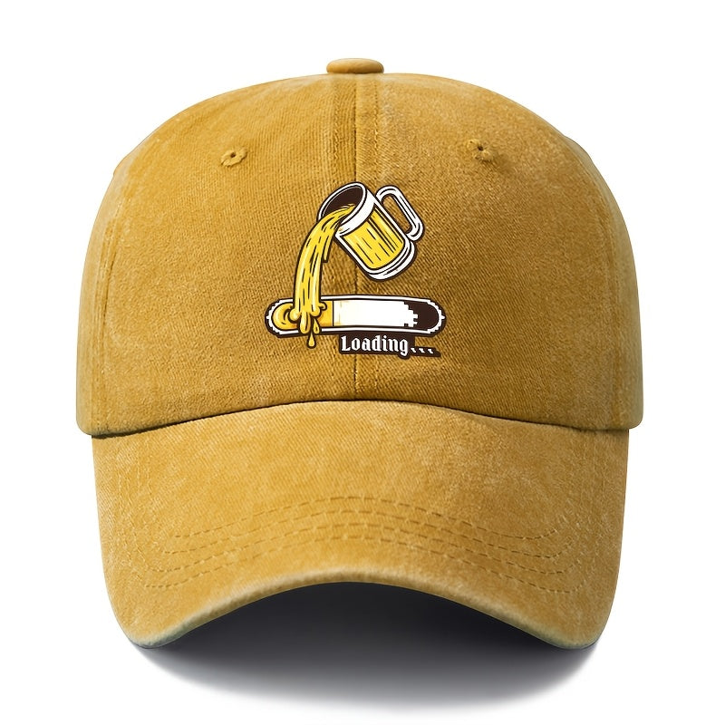 A Unisex Fashionable and Versatile Printed Beer Progress Bar Baseball Cap, Featuring a Classic Vintage Washed Lightweight Curved Brim. Suitable for Outdoor Vacations, Travel, Camping, and Other Casual Occasions. Also Ideal as a Hip-hop Hat