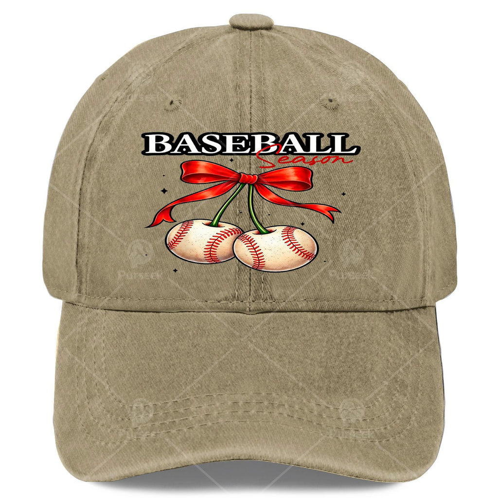 Unisex Vintage Washed Baseball Cap with Cherry Bow, Suitable for Baseball Season