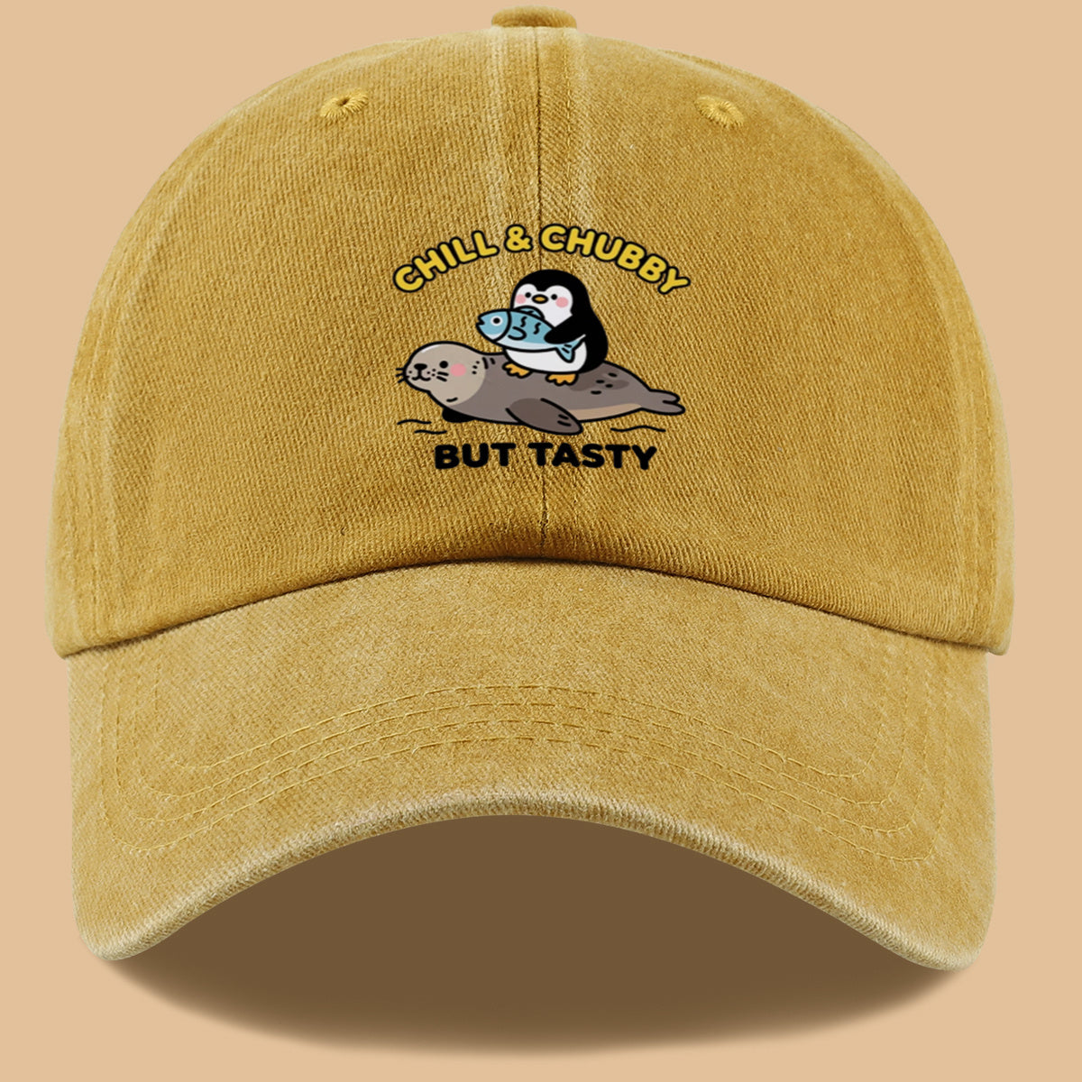 1pc 1pcs "CHILL & CHUBBY BUT TASTY" Penguin Hugging Fish on Seal Print Baseball Cap - Cute Duckbill Cap Suitable for Daily Outfits, Beach Vacations, Student Style, Adjustable Unisex Hat for &, Creative, Park Picnics
