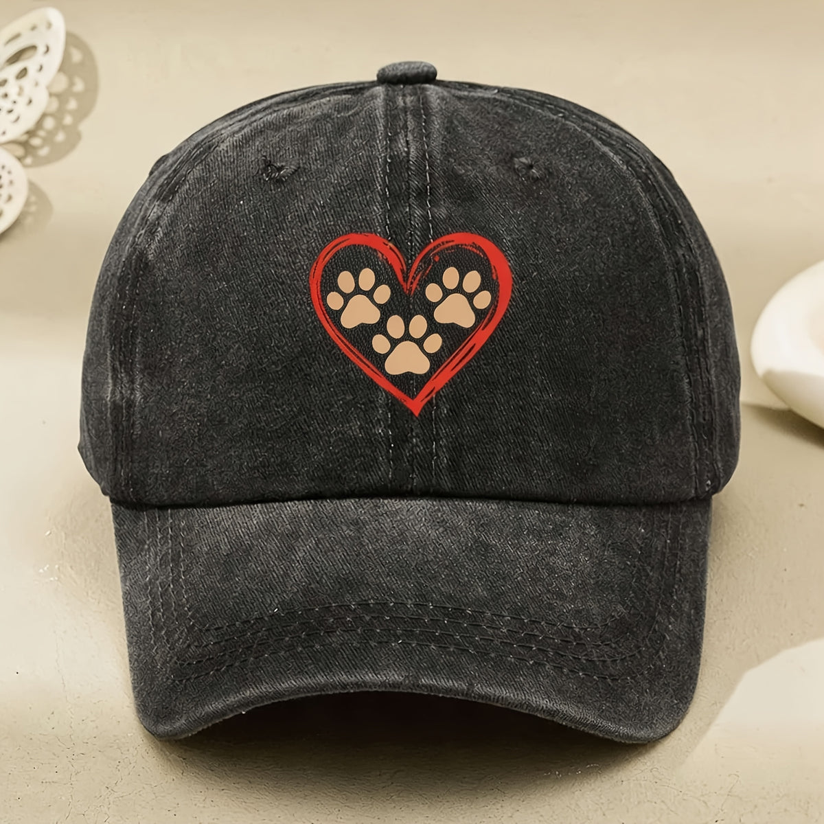 Men' & Women' Vintage Paw Heart Print Baseball Cap - Retro Pet Lover Hat with Paw & Heart, Machine Washable, Adjustable Pull String Closure, Suitable for Casual Streetwear Gift for Dog Owners