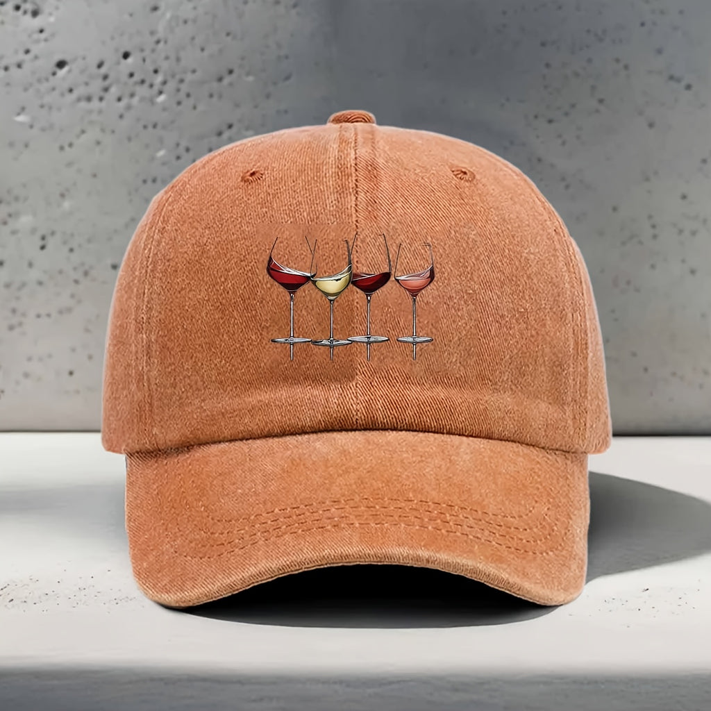Men's & Women's Adjustable Snapback Baseball Cap with Wine-Themed Print - Washed Curved Brim Hat Suitable for Wine Tasting, Parties, Travel - Lightweight Textured Unisex Cap for Outdoor, Daily Wear, Wine Culture Enthusiasts