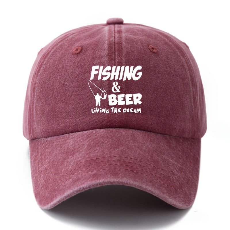 A Unisex Fashionable and Versatile Printed "FISHING&BEER" Baseball Cap, Featuring a Classic Vintage Washed Outdoor Lightweight Curved Brim Design. Suitable for Outdoor Vacations, Travel, Camping, and Other Casual Occasions. Ideal for Holiday Parties