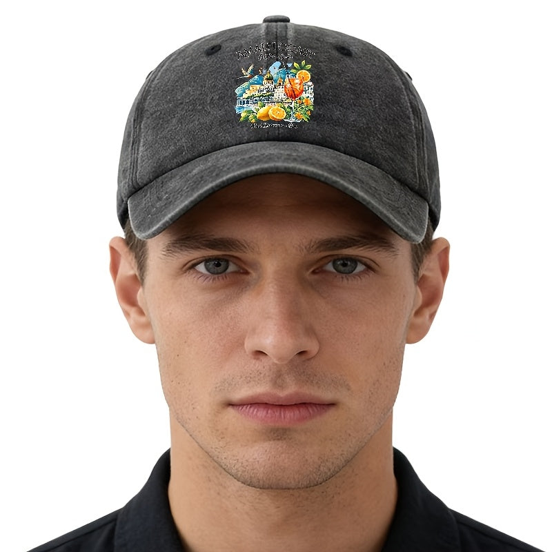 A Unisex Fashionable and Versatile Printed Baseball Cap Featuring the Italian Amalfi Coast. This Classic Vintage-washed Outdoor Lightweight Curved-brim Hat Is Also Known as a Trucker Cap. Suitable for Casual Occasions Such as Outdoor Vacations