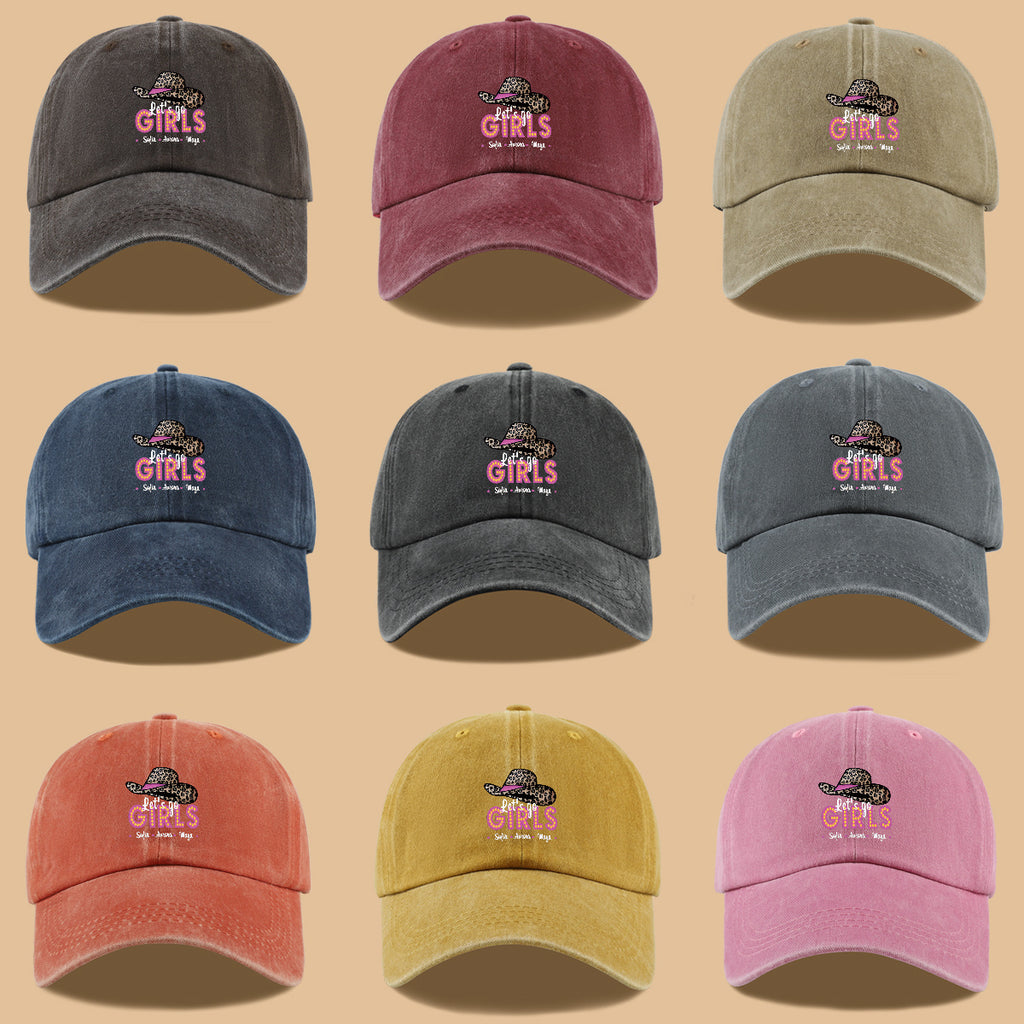 1pc Leopard Print Wide Brim Baseball Cap, Pink Brim with "Let'S Go GIRLS" Neon Style Letters, Adorned with Sofia, Aurora, Maya Names. Fashionable And Individual Sun Hat, Adjustable Size. Bestie Outing Hat, Sister Gathering Hat