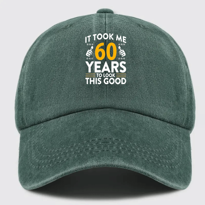 Vintage Distressed Baseball Cap Compatible for Golf & Outdoor - 'It Takes Me 60 Years to Look This Good' Print, Adjustable Unisex Hat with Breathable Black Fabric & Yellow/White Lettering, Funny Aged Look for Seniors & Casual Wearers