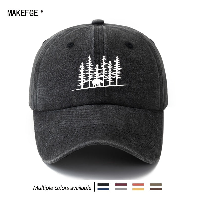 Unisex, Fashionable And Versatile Baseball Cap with Pine Forest And Grizzly Bear Print, Classic Retro Washed Outdoor Lightweight Curved Brim Cap, Suitable for Outdoor Vacations, Travel, Camping, And Other Casual Occasions, Hip-Hop Style Cap