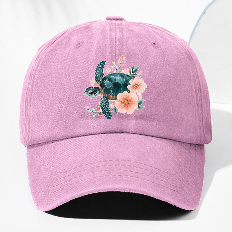 Unisex Floral Turtle Animal Print Washed Vintage Baseball Cap Fashion Men Women Sun Hat Adjustable Size Trucker Cap Suitable for All Seasons Daily Wear