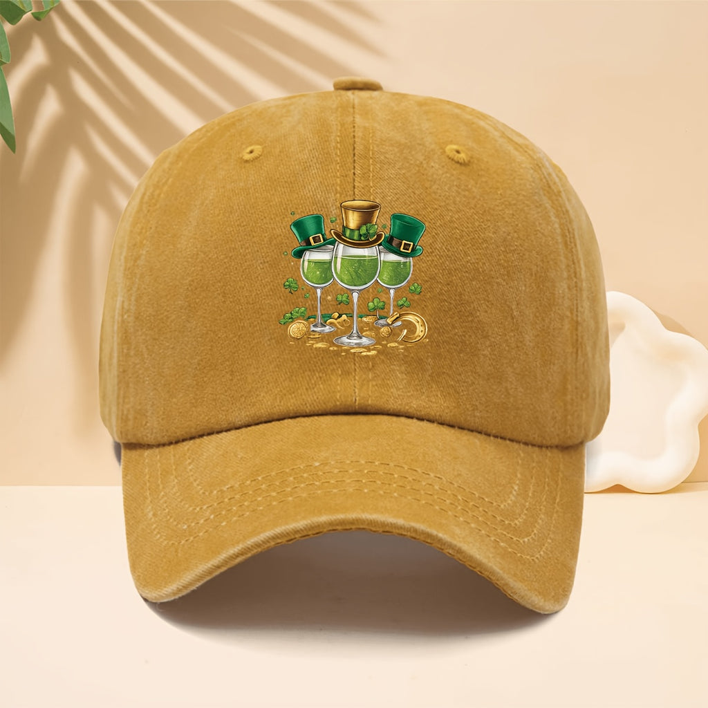 Baseball Cap with a Vintage Carnival Design Featuring a Pattern of 3 Hooded Goblets Containing Green Liquid. Adjustable Curved Brim Snapback Hat Suitable for Walking, Shopping, Traveling, Gatherings, Vacations, and Parties. One-size-fits-all Unisex