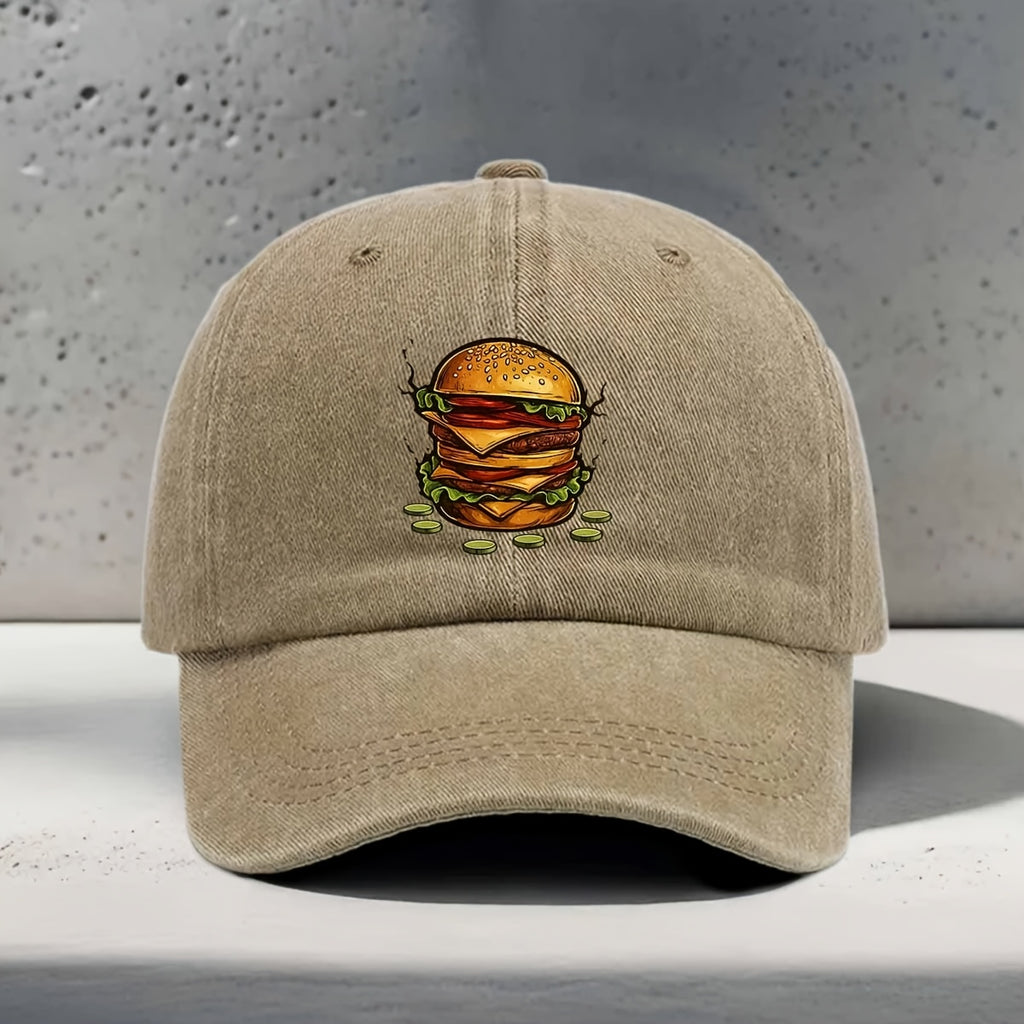 Men's & Women's Baseball Cap with Burger Print - Adjustable Snapback Curved Brim Hat, Washed Suitable for Daily Outings, Casual Wear,, Hip-Hop Style - Unisex Washed Cap for All Head Sizes, Comfortable for Hamburger