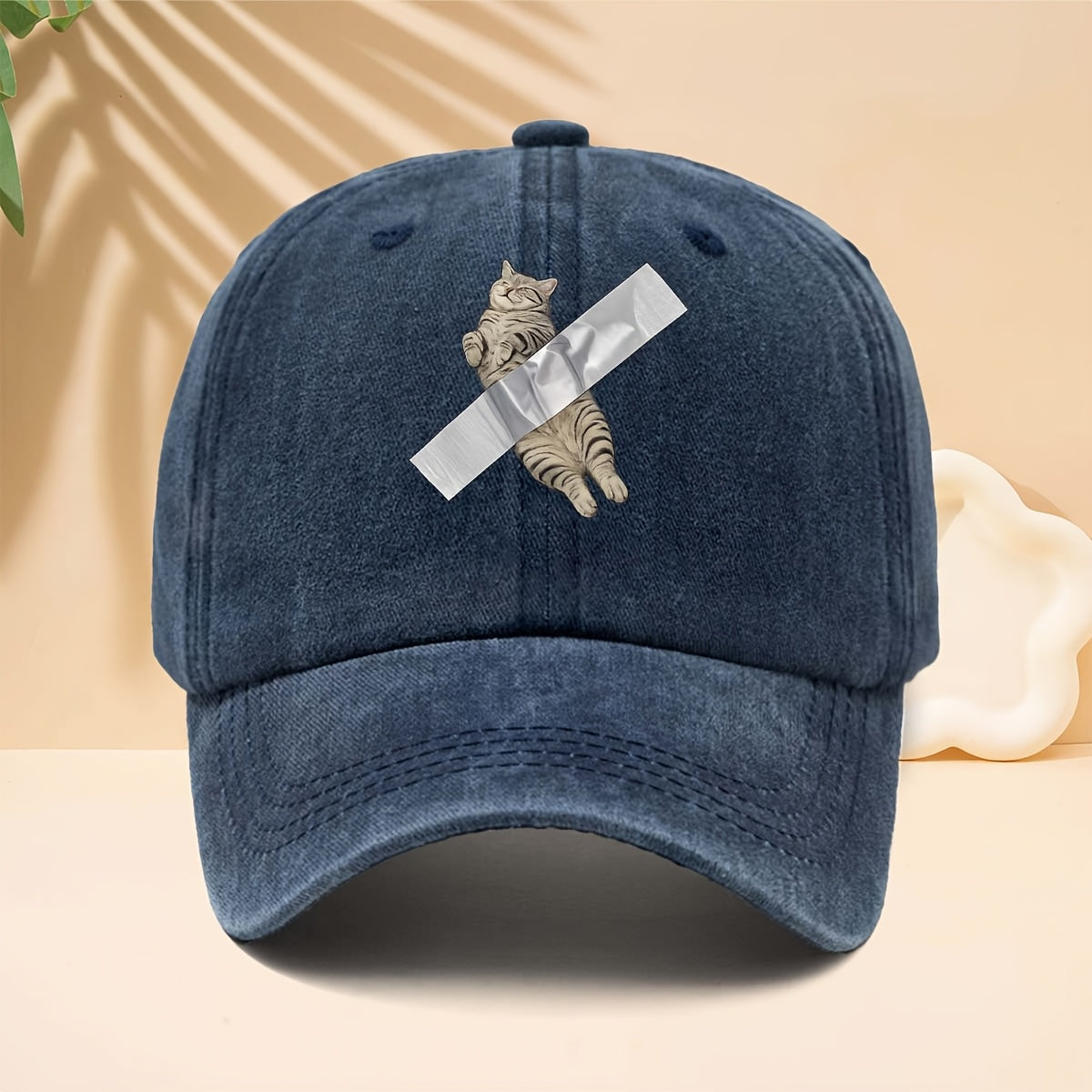 Adjustable Cat Tape-Printed Baseball Cap with Tape-Themed Tab & Curved Brim - Soft Top Trucker Hat Suitable for All- Wear, Unisex for Men & Women, Casual, Parties, Hip-Hop Outfits - Durable Comfortable Design