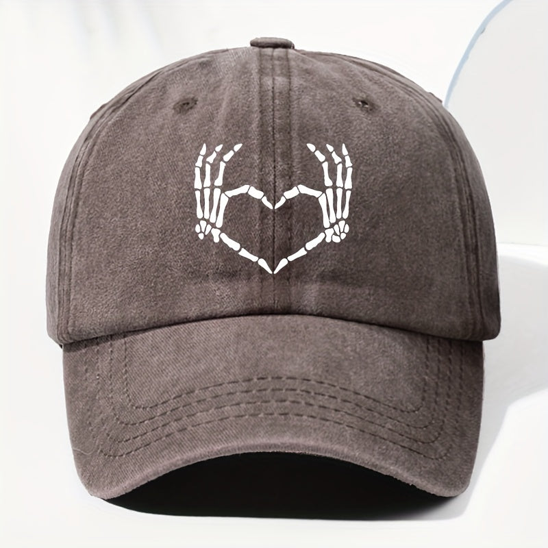 Men' & Women' Vintage Washed Baseball Cap with Heart & Skull Print - Adjustable Trucker Hat Suitable for All Seasons, Outdoor, Casual Wear, Retro Washed Style, Unisex for Daily Use, Driving,, and Everyday Fashion