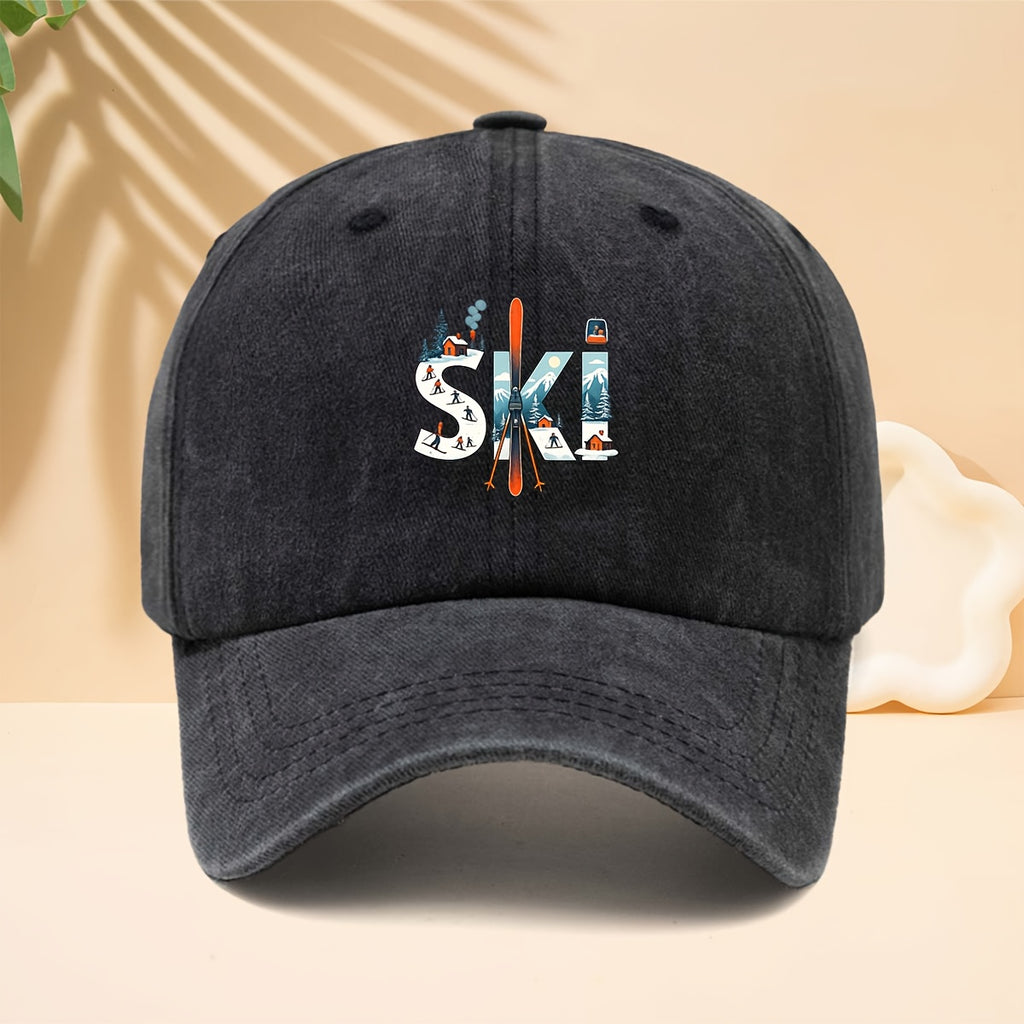A Printed Baseball Cap with Ski-Related Elements And Patterns, Suitable for Outdoor Sports, a Six-Panel Hat for Men And Women, Couple'S Fashion, a Duckbill Cap with an Adjustable Soft Brim, Washed And Distressed Curved Brim Hat
