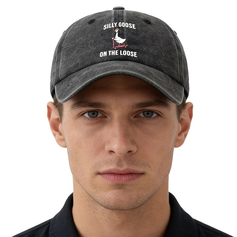 Unisex Fashion Versatile Printed SILLY GOOSE ON THE LOOSE Baseball Cap, Classic Retro Washed Outdoor Lightweight Curved Brim Hat, Trucker Cap, Suitable for Outdoor Vacation Travel Camping And Casual Occasions, Holiday Party Hip-Hop Hat